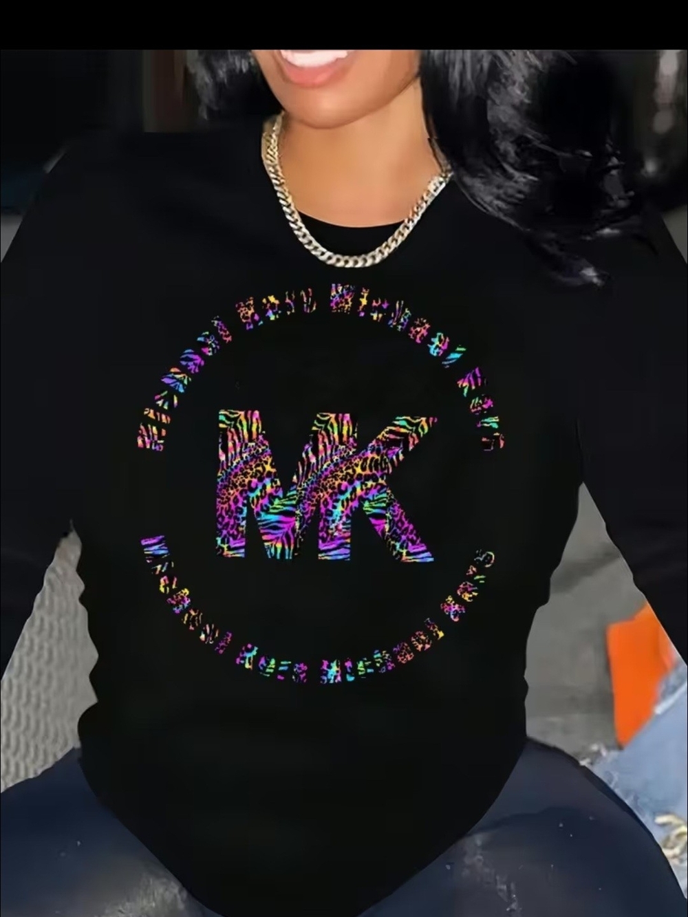 Black Long-Sleeve Tee with Multicolor Animal Print MK
